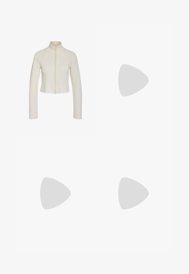 Cropped cream knitted sweater with a high collar, full zipper front, and ribbed texture. Features long sleeves and a snug fit.; White long-sleeve turtleneck top made of smooth, stretchy fabric. Features a high collar and fitted design, with no visible patterns or embellishments.; Light blue wide-leg jeans made from denim, featuring a high waist, five-pocket design, and subtle fading for a worn-in look.; White platform sneakers made of smooth synthetic material, featuring a rounded toe, lace-up design, and a textured rubber sole. Black heel accent.