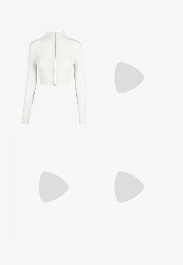 Urban Classics CROPPED - Cardigan - whitesand; White fitted top made of ribbed fabric with cap sleeves and gathered details at the sides for texture and shape.; White wide-leg trousers made from a lightweight fabric. Features an elastic waistband with a drawstring and side pockets. Smooth texture.; Black patent heeled sandals with a square toe, ankle straps, and silver buckles. Features a chunky block heel for stability.