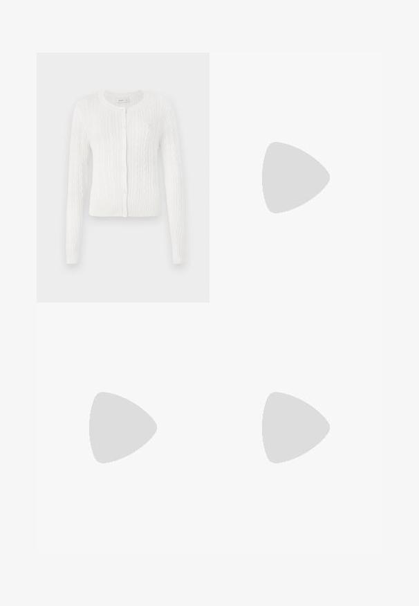 White cable-knit cardigan featuring a round neckline, long sleeves, and button closure. Ribbed hem and cuffs with subtle texture details.; White short-sleeve t-shirt made from smooth fabric, featuring a round neckline and subtle stitching details at the hem.; Light pink ribbed leggings with a wide waistband, featuring a cross design and reinforced stitching along the legs for durability.; Pink suede sneaker with blue leather accents, three blue stripes, and gum rubber sole. Designed with a rounded toe and lace-up front.