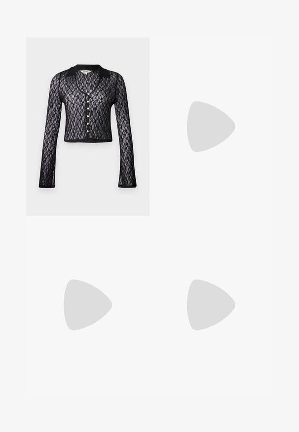 Black lace cardigan with a V-neck, long sleeves, and button closure. Features a floral pattern and solid collar trim. Cropped design.; White ribbed tank top with thin straps, featuring a fitted shape and a smooth texture. No patterns or hardware details present.; Light blue skirt featuring a floral and paisley print, gathered elastic waistband, tiered ruffles, and drawstring accents with metallic ends.; Black leather ballet flats with a pointed toe, ankle tie, and flat sole, featuring a smooth texture and minimalistic design.