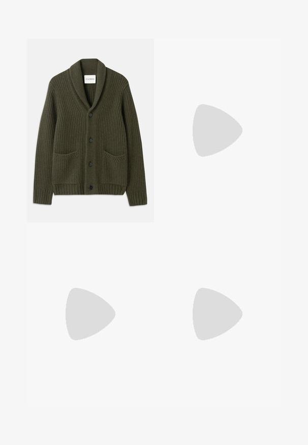 Tumeoliivroheline ribatud kardigan, millel on šaalikaelus, neli musta nuppu, kaks esist taskut ja tekstureeritud kudumimuster.; Valge pikamaa varrukatega nööbiga särk, mis on valmistatud puuvillast ja millel on rinna tasku toon-toonis brodeeringuga, krae ja nööbiga mansetid.; Prunnid, kõrge vöökohaga püksid, mis on valmistatud tekstureeritud kangast. Omavad laiu jalgu ja kahte eesmist voldikut struktuuri jaoks. Korralik viimistlus, ilma nähtava riistvarata.; Mustad mustad nahast loafers sileda tekstuuriga, ümarat ninaosa ja dekoratiivne riba vampi üle. Madal kihiline konts, minimalistlik disain.