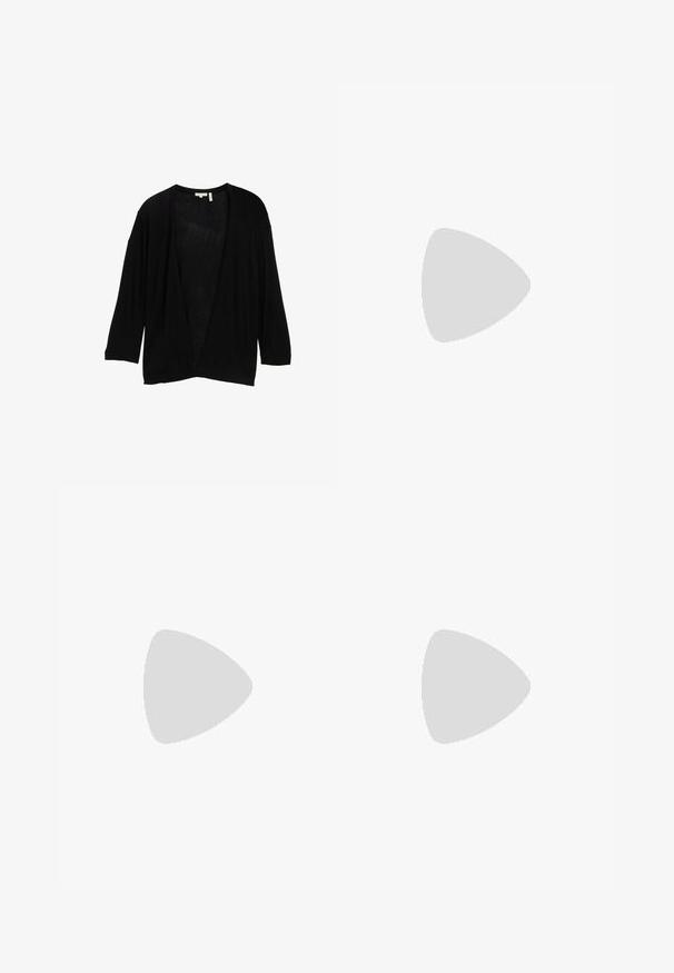 Svart, lätt cardigan med trekvartslånga ärmar och öppen framsida. Tyget verkar mjukt med en lätt textur. Inga knäpptillbehör.; Ljusgul ribbad tanktop med rundad halsringning och breda band, tillverkad av mjukt tyg. Enkel, figursydd design utan dekorationer.; Svart maxi kjol i mjukt, flödande tyg. Den har resår i midjan och en full A-linjeformad siluett med en slät yta.; Svart tvåremmad sandal med justerbara spännen, kork fotbädd och texturerad gummisula. Har en platt, öppen design för enkel användning.
