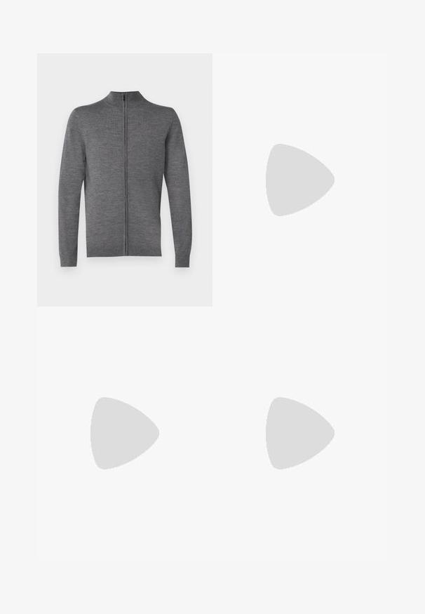 JOOP! DAVIS - Strickjacke - medium grey; Schwarzes Langarm-T-Shirt aus Baumwolle, mit Rundhalsausschnitt und einem kleinen grünen, gestickten Krokodil-Logo auf der linken Brust.; Hellblaue Denim-Jeans mit lockerer Passform, geraden Beinen, fünf Taschen im Design und einem Knopfverschluss an der Taille. Minimalistische Nähdetails.; Lacoste Sneaker in Dunkelgrau aus Mesh und Synthetikmaterial, mit einer strukturierten Sohle und braunen Akzenten am Kragen und Logo.
