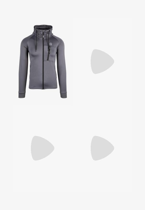 Grijze zip-up hoodie gemaakt van zachte stof, met een hoge kraag, trekkoorden, zijzakken en een borstzak met rits.; Zwarte katoenen t-shirt met ronde hals, korte mouwen en klein wit EA7-logo op de linkerborst. Gladde textuur enRegular fit.; Zwarte trainingsbroek van zacht materiaal, met een elastische tailleband en cuffed enkels. Gele branding die verticaal op het linkerpijp is gedrukt.; Witte sneaker met een gladleren bovenkant, ronde neus, veters, gestructureerde zijaccenten en een dikke rubberen zool. Minimalistisch ontwerp.
