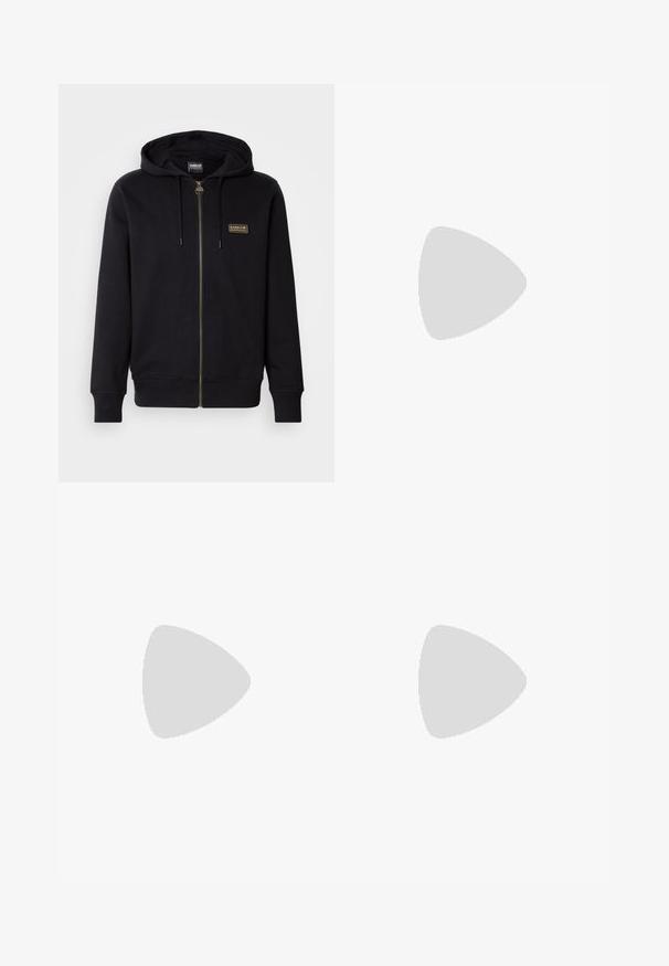 Black zip-up hoodie made of soft fabric, featuring a gold logo patch, drawstring hood, and ribbed cuffs and hem.; White cotton crewneck T-shirt with short sleeves, featuring a subtle embossed "Joop!" logo on the chest and a straight hem.; Cream-colored casual pants with a drawstring waist and straight legs, displayed against a plain white background.; White leather sneaker with beige suede accents, featuring a round toe, lace-up front, and tan rubber sole, displaying the brand name "BOSS."