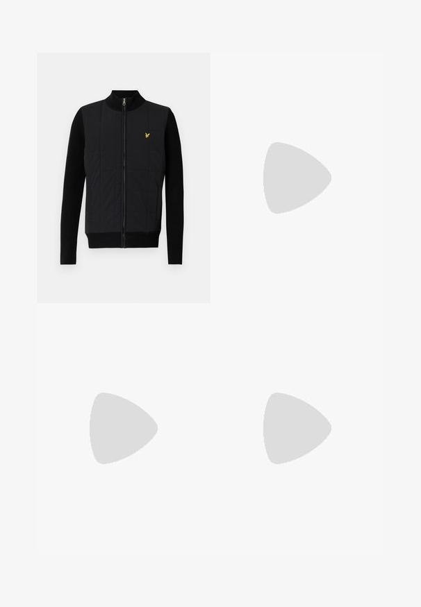 Black puffer vest with ribbed sleeves, stand collar, front zip closure, and a small yellow logo on the chest, featuring quilted texture.; Short-sleeve, navy blue collared shirt with white vertical stripes. Features button closure and a textured knit pattern.; Black tailored trousers with a straight fit, made from smooth fabric. Features belt loops and crease detail along the front.; White leather sneakers with a smooth finish, rounded toe, flat laces, and a textured sole. Grey suede accent at the heel.; Clear plastic sunglasses with rectangular brown lenses, featuring thin, transparent arms and metal accents on the temples.