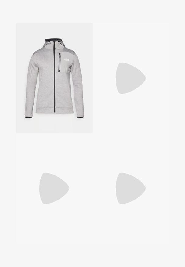 The North Face MOUNTAIN ATHLETICS FULL ZIP  - Užtrauktuku užsegamas treningas - pale grey heather/meld grey; Juodas trumpas rankovės marškinėliai, pagaminti iš medvilnės, su apvaliu kaklu ir mažu baltu logotipu viršutiniame kairiajame krūtinės kampe.; Juodos sportinės kelnės, pagamintos iš lengvos medžiagos, su raišteliu liemens srityje, šoniniais kišenėmis ir siaurėjantys apykaklės prie kulkšnies.; Juoda bėgimo batai su tekstūruotu paviršiumi, guma padais ir sustiprinta pirštų dalimi. Yra paminkštinta apykaklė ir kilpos, leidžiančios lengvai užsidėti.