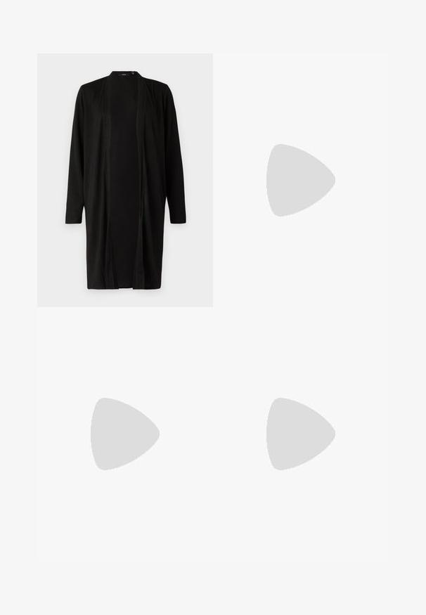 Black, long cardigan with open front, long sleeves, and soft fabric texture. Features minimal design without patterns or hardware details.; White sleeveless tank top made of ribbed fabric, featuring a rounded neckline and a fitted silhouette, with minimal seams and no embellishments.; Light blue, high-waisted straight-leg jeans with a button fly and front pockets, displayed against a white background.; Black leather ankle boots with a round toe, lace-up front, and a thick rubber sole featuring a textured tread. Pull tab at the back.; Black leather clutch bag with a flap and a gold metal buckle detail. Includes a black strap and a sleek, minimalist design.