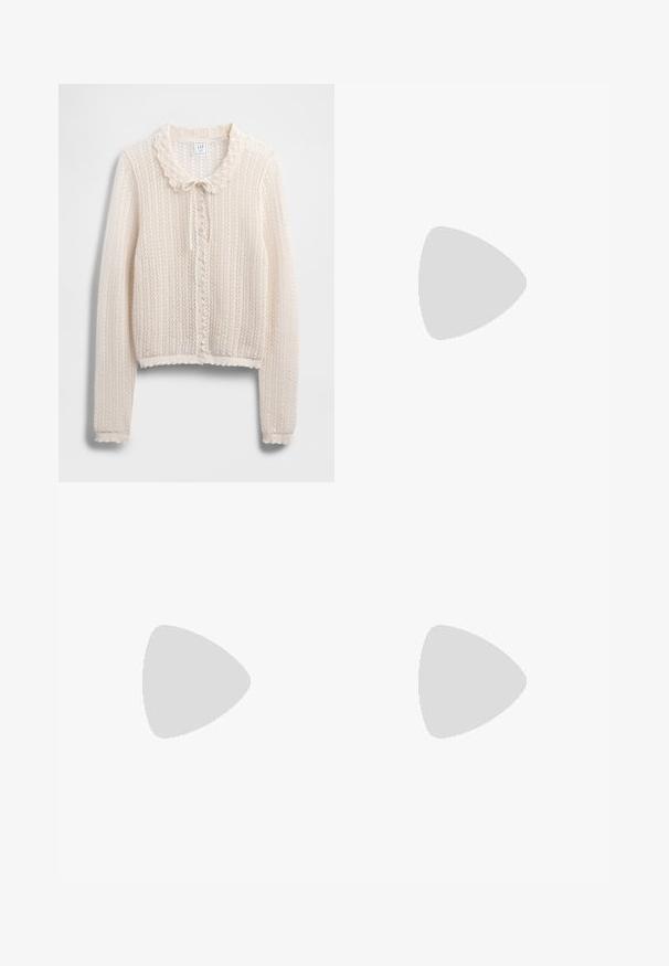 Crochet knit cardigan in off-white with a scalloped collar, ruffled detail, and front button closure. Long sleeves with ribbed cuffs.; White button-up shirt made of smooth cotton, featuring a classic collar, long sleeves, and a curved hem. Buttons are small and white.; Brown cotton A-line skirt with a high waist, featuring pleats down the front and a smooth texture. Hem finishes are clean and simple.; Burgundy patent leather ballet flat with a rounded toe, small bow accent at the front, and a low, black rubber sole. Smooth texture.