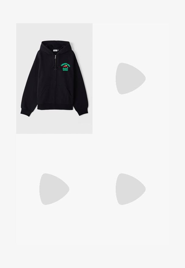 Black zip-up hoodie made of soft cotton. Features front pockets, drawstring at the hood, and multicolored graphic on chest.; Nike black cotton t-shirt with a classic crew neck, short sleeves, and a subtle, embossed logo on the chest. Smooth texture.; Black sweatpants made of soft fabric with an elastic waistband, drawstring, and a small Nike logo on the left thigh.; Black athletic shoes with textured fabric and rubber soles, featuring elastic laces and a blue accent on the heel. Worn with light denim pants.