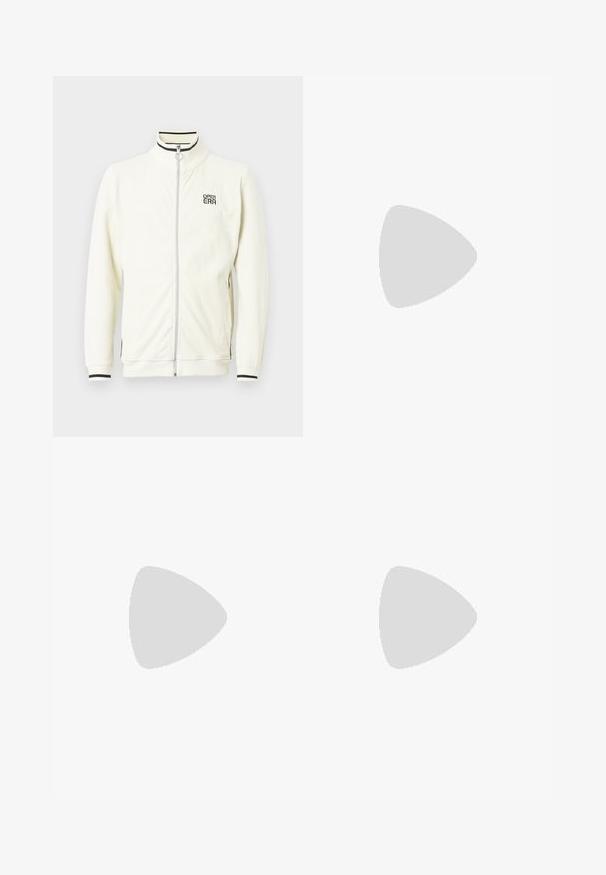 Balta, su anga juostelėmis, užsegama striukė su aukšta apykakle, juodomis juostelėmis ir "OPEN ERA" logotipu ant krūtinės. Minkšta tekstūra ir prigludusios rankogaliai.; Balta medvilnė t-shirt su apvalia iškirpte, trumpomis rankovėmis ir kišene kairėje krūtinės pusėje. Yra nedidelis logotipo ženkliukas ant šono siūlės.; Bežinės medvilninės kelnės su tiesiu kirpimu, turinčios mygtuko uždarymą ir priekyje raukšles papildomai dekoratyviam akcentui.; Baltas ir šviesiai bežinis sportinis kedas, su tinklo viršumi, perforuotais detalėmis ir tekstūruotu tarpine su logotipu ant kulno.