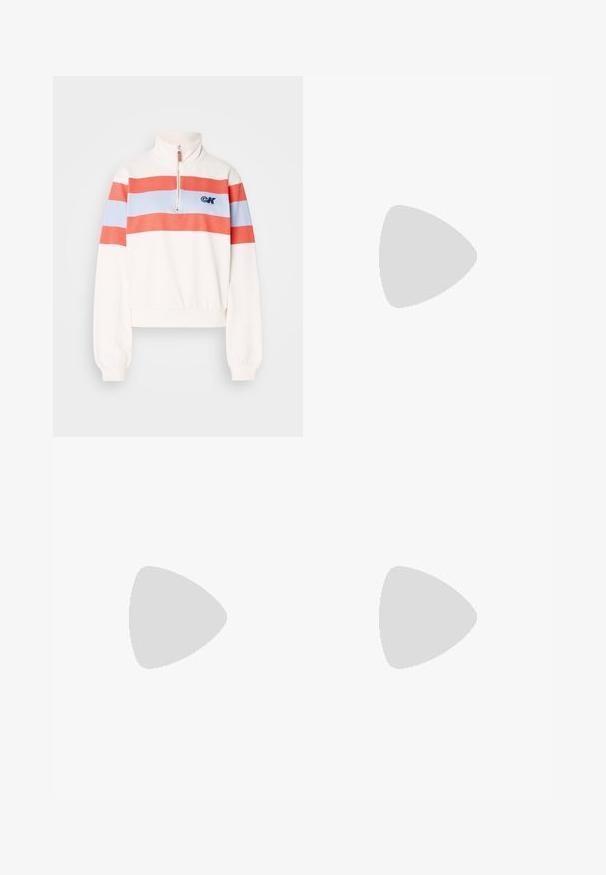 Sweatshirt blanc avec un col haut, présentant des rayures horizontales rouges et bleu clair et une fermeture éclair à l'avant. Logo affiché sur la poitrine gauche.; T-shirt en coton blanc avec un col rond et des manches courtes, arborant un logo Calvin Klein vert sur le devant. Design classique à coupe droite.; Jeans en denim bleu clair, coupe droite, taille mi-haute, avec cinq poches et une fermeture à bouton à l'avant.; Baskets en toile blanches avec une semelle blanche épaisse, présentant un accent argent métallique au niveau du talon et un subtil logo sur le côté.