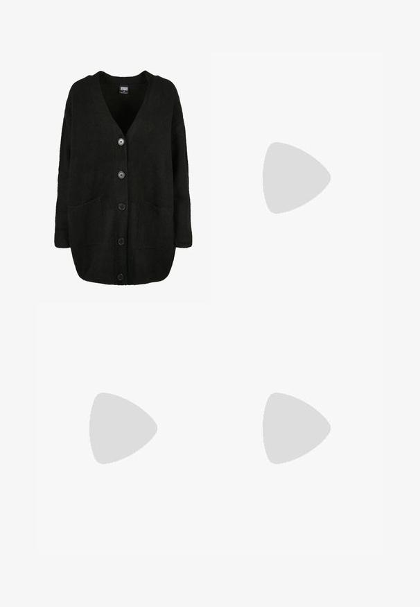 Black oversized cardigan made of textured knit fabric, featuring a V-neck, front buttons, and two large pockets.; Black cropped t-shirt made of cotton. Features short sleeves and a round neckline. Smooth texture with a simple design, no additional patterns.; Black wide-leg pants made of smooth, shiny fabric with an elastic waistband and no visible pockets or hardware details.; Black canvas sneakers with white laces, white rubber toe cap, and a chunky white midsole. Features subtle white stitching and a gum sole.