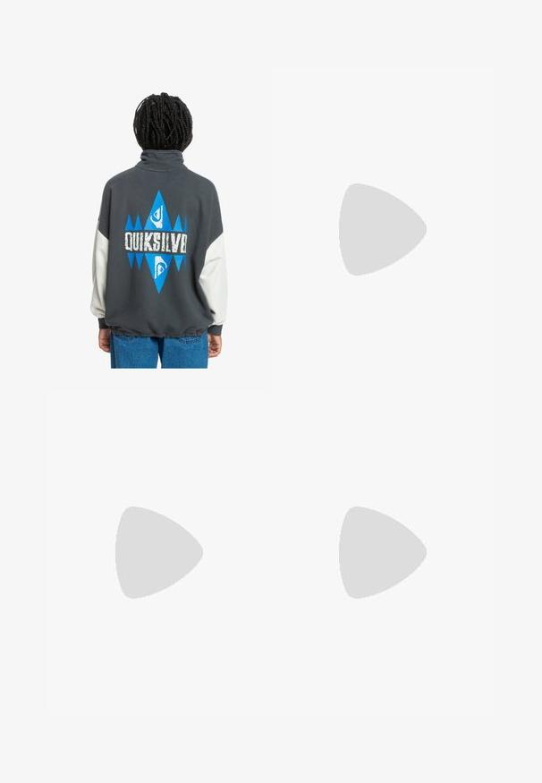 Gray sweatshirt with a high collar, white sleeves, and a blue geometric design featuring the text "QUIKSILVER" on the back. Soft texture.; Gray cotton t-shirt featuring "adidas" logo, "KINGSTON LIONS" text in red and black, and a large red "3" graphic on the front. Short sleeves.; Black sweatpants made of soft, textured fabric. Features an elastic waistband, cuffs, and a small white logo near the hip.; Black sneakers with a sleek design, featuring three white stripes, a black tongue, and a textured brown rubber sole. Accents of gold lettering.