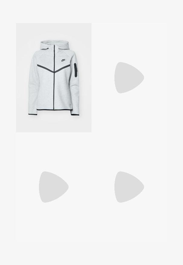 Grå lynlås-hoodie med hætte og sorte accenter, der har et diagonalt design på forsiden, Nike-logo og en lynlåslomme på ærmet.; Hvid bomulds t-shirt med klassisk rund hals, korte ærmer og tætsiddende pasform. Ingen mønstre eller accenter synlige.; Grå sweatpants med elastisk talje, snor detaljer og et lille hvidt Nike-logo på venstre lår. Blødt stof, løs pasform.; Hvide lædersneakers med grå detaljer, perforeret tå, flade snørebånd, polstret krave og en struktureret gummisål.