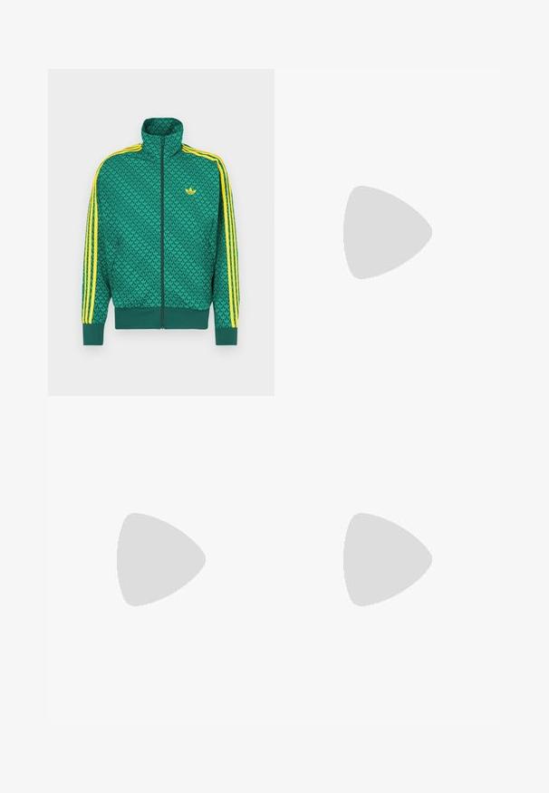 Giacca verde con zip e motivo geometrico, strisce gialle sulle maniche, collo alto e logo sul petto. Tessuto leggero.; T-shirt bianco in cotone con maniche corte, con colletto girocollo, caratterizzato da un piccolo logo dorato sulla parte sinistra del petto. Tessuto morbido e vestibilità regolare.; Pantaloni sportivi turchesi con vita regolabile tramite cordino, polsini elastici e strisce nere laterali. Realizzati in tessuto leggero, presentano un logo vicino all'anca.; Sneakers neri con tomaia in suede e materiale sintetico, caratterizzati da tre strisce bianche, suola in gomma testurizzata e etichetta blu sul linguetta.