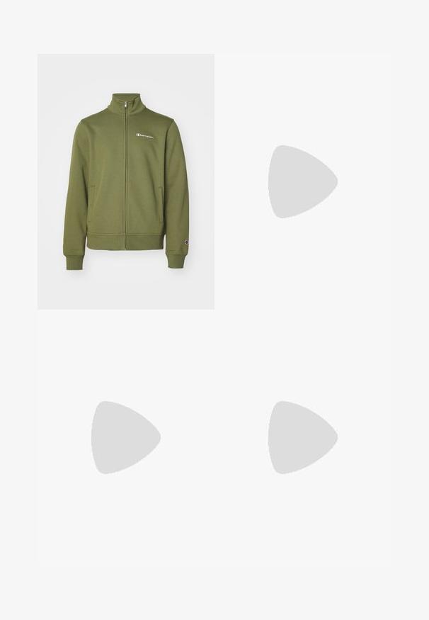 Champion ICONS FULL ZIP COLLAR - Felpa con zip - green; Maglietta da ginnastica bianca a maniche corte realizzata in tessuto liscio. Presenta un colletto rotondo e un logo grigio sul lato sinistro del petto, con fessure laterali all'orlo.; Pantaloni sportivi neri con cintura elastica, dotati di uno strato esterno testurizzato, pantaloncini interni integrati e accenti laterali in rete.; Scarpa sportiva grigia chiara con dettagli neri, tomaia in rete testurizzata, suola imbottita e chiusura con lacci. Presenta un linguetta sul tallone.