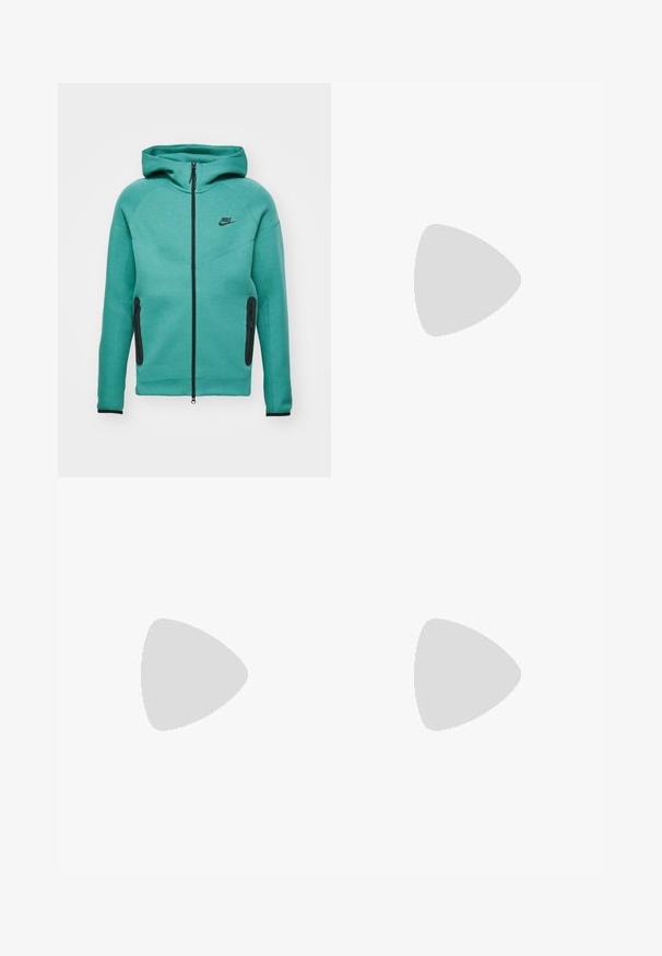 Hooded green athletic jacket with zip closure, black accents, and two side zip pockets. Made of textured fabric with a fitted design.; White cotton t-shirt featuring a crew neck, short sleeves, and a black Nike logo on the left chest. Simple, solid color design.; White sweatpants with an elastic waistband and drawstring. Features a black Nike logo on the left thigh. Cuff at the ankles. Soft fabric texture.; White Nike Air Max 90 sneakers feature a smooth leather and mesh upper, perforated detailing, cushioned sole, and visible air unit for comfort.
