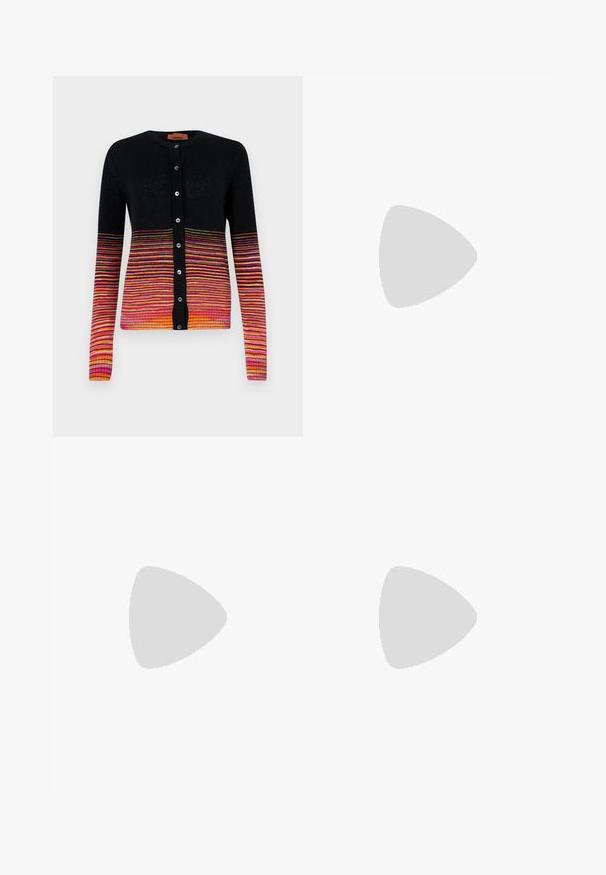 Black cardigan with a gradient of horizontal stripes in pink, orange, and yellow. Features a round neckline and button closure.; Missoni Polo shirt - multicolor/red/pink/blu; Wide-leg black pants with a zigzag knit pattern and elastic waistband, displayed against a plain white background.; Black leather high-heeled shoe with a square toe and a uniquely shaped glossy black heel. Smooth texture and simple design.; Black textured handbag with a herringbone pattern, gathered design, and a metallic chain handle. Soft fabric offers a sleek appearance.