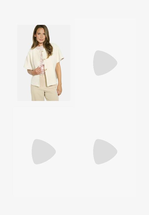 Cream herringbone-patterned cardigan with short sleeves, featuring gold-button fastenings. Worn over a striped shirt and beige trousers.; White short-sleeve t-shirt made of soft cotton, featuring a crew neckline and a fitted shape. No visible patterns or embellishments.; Blue denim wide-leg jeans featuring a floral embroidery pattern with small daisies scattered across the fabric.; Brown suede sneaker with three bright orange stripes, lace-up front, and golden "Gazelle" branding on the side. Flat gum sole.; Gold-tone oval sunglasses with dark lenses, featuring a sleek design, thin arms, and a black accent at the temple. Model number L37.