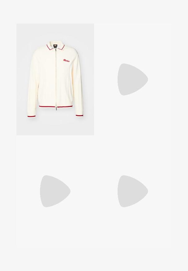Krēmkrāsas žakete ar rāvējslēdzēju un ribotu tekstūru, ar sarkanu apkakli un aprocēm, uz kreisā krūšu ir neliels sarkans "Dickies" logo.; Ärta krāsa īsām piedurknēm krekls ar pogu aizdari, ar dekoratīvām zaļām un melnām ģeometriskām formām priekšpusē un teksturētiem adījuma elementiem.; Melnas denima flared bikses ar izbalējušu krāsu, pieciem kabatām un kontrastējošām šuvēm, ar nedaudz platu kāju atvērumu.; Melni ādas loafers ar masīvu gumijas zoli, dekoratīvu siksniņu augšdaļā un kontrastējošu baltu šuvumu. Gluda tekstūra ar noapaļotu purngalu.
