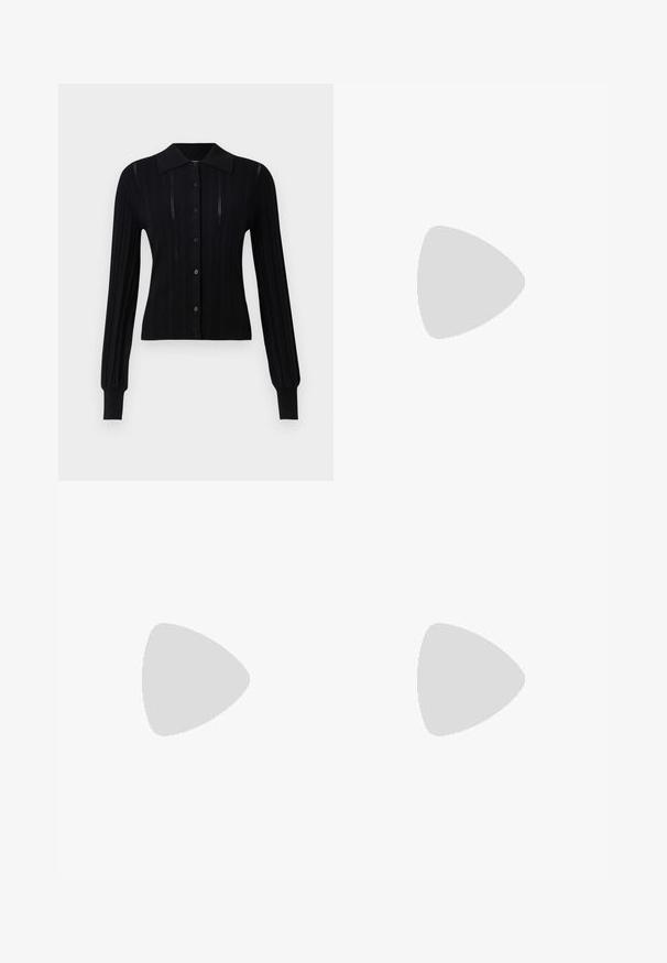 Filippa K CARDIGAN - Kardigán - black; Biela bavlnená tričko s okrúhlym výstrihom a krátkymi rukávmi, s voľným strihom a minimalistickým dizajnom. Nálepka viditeľná na krku.; AERON ASTER SKIRT - Puzdrová sukňa - black; Čierne kožené baleríny s okrúhlou špičkou, hladkým povrchom, minimálnym prešívaním a flexibilným dizajnom podrážky.