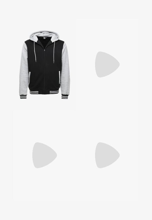 Urban Classics 2-TONE ZIP HOODY - Cardigan - black/grey; T-shirt in misto cotone grigio con logo Nike nero; presenta una piccola etichetta Nike sull'orlo laterale; design semplice, maniche corte.; Pantaloni cargo beige in un leggero cotone. Presentano polsini elasticizzati, molteplici tasche laterali e una chiusura con bottone.; Sneakers in pelle bianca con perforazioni, punta rotonda, suola piatta e lacci spessi, con logo swoosh visibile e "AIR" sul tallone.