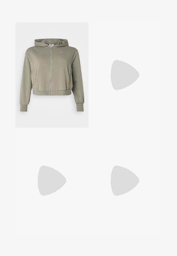 Sudadera verde oliva corta, hecha de tela suave, con cremallera frontal, bolsillos tipo canguro y un pequeño logo en el lado izquierdo del pecho.; Camiseta de algodón blanca con cuello redondo y mangas cortas. Presenta un pequeño logotipo negro de Nike en el pecho. Diseño sencillo y sin adornos.; Pantalones deportivos blancos de pierna ancha con una cinturilla acanalada y un sutil detalle de logo. Tela suave con un ajuste relajado y dobladillo ajustado.; Zapatillas de cuero blancas con acentos amarillos y lavanda, punta redonda, cordones planos y suela de goma texturizada. Llevadas con calcetines blancos.