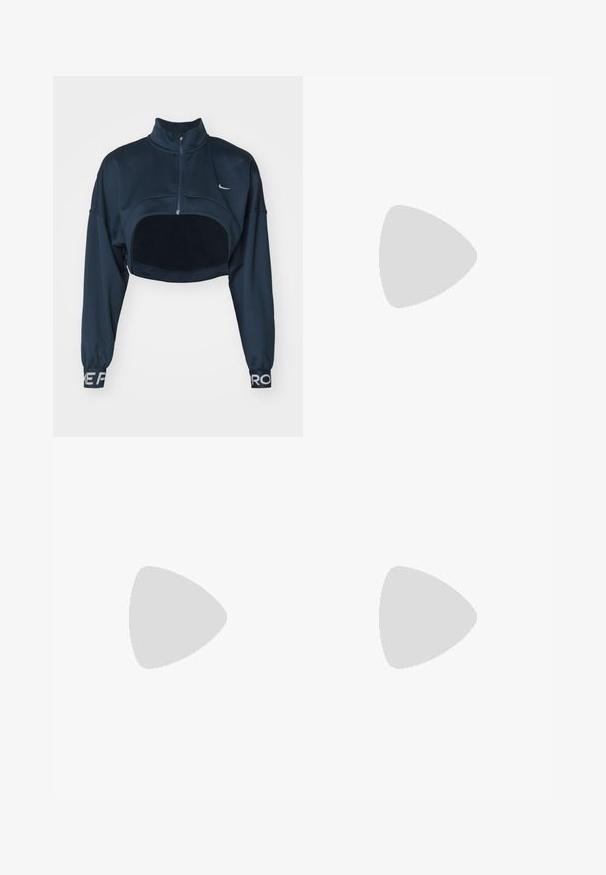 Navy blue cropped jacket with a high collar and zip closure. Features a black, soft front panel and elastic cuffs with a white logo.; Purple athletic t-shirt made from moisture-wicking fabric, featuring short sleeves and a crew neck. Small white logo on the chest.; Black leggings made of stretchy fabric, featuring a high waistband and a white Nike logo on the left thigh. Smooth texture, form-fitting design.; Black Nike running shoe with breathable mesh upper, white swoosh logo, textured detailing, and a cream-colored ZoomX midsole.