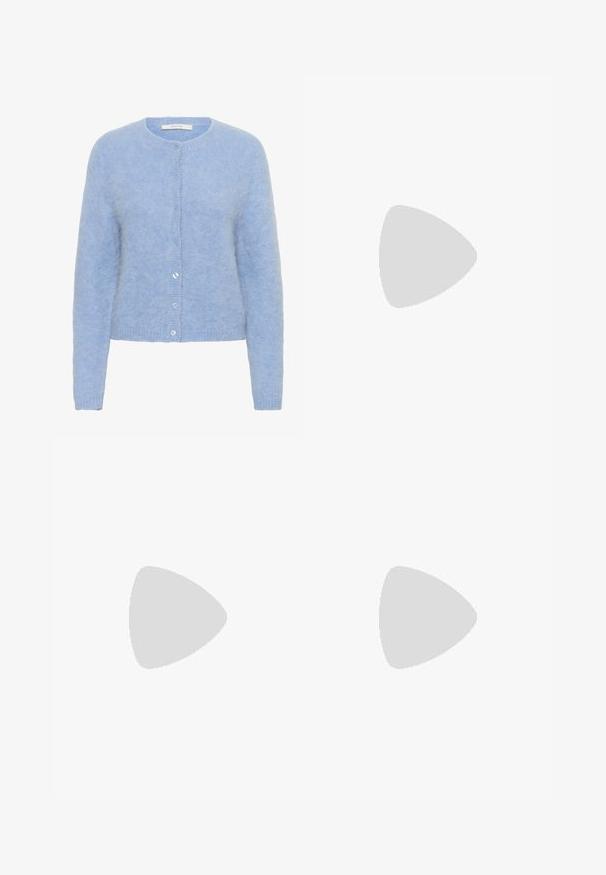Light blue cardigan made of soft, textured fabric. Features a round neckline, long sleeves, and six matching buttons along the front.; White short-sleeve button-up shirt with a pointed collar and curved hem. Made from cotton with a smooth texture and no visible patterns.; Wide-leg pants in light cream fabric, featuring side pockets, a flat front, and a single button closure at the waist. Smooth texture.; Black pointy-toed slingback shoe with a low heel, featuring smooth leather material and cut-out design on the side for breathability.