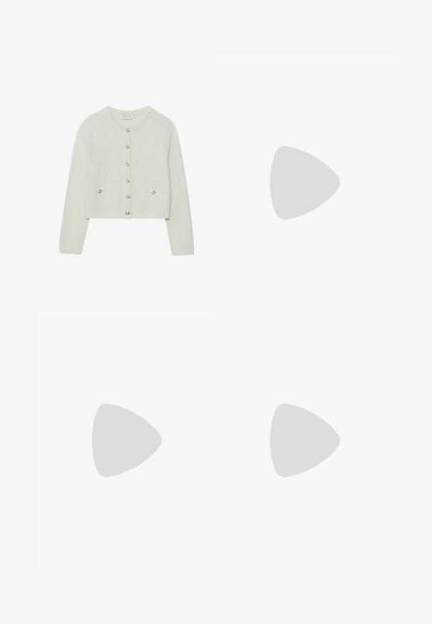 Anna Field Strickjacke - sand; Weißes kurzes Tanktop mit dünnen Trägern, das ein verdrehtes Vorderdesign und eine glatte Textur aufweist. Hergestellt aus dehnbarem Material.; Bershka ROLL-UP - Jeans Shorts - white; Anna Field Klassischer Ballerina - beige; Even&Odd Handtasche - brown