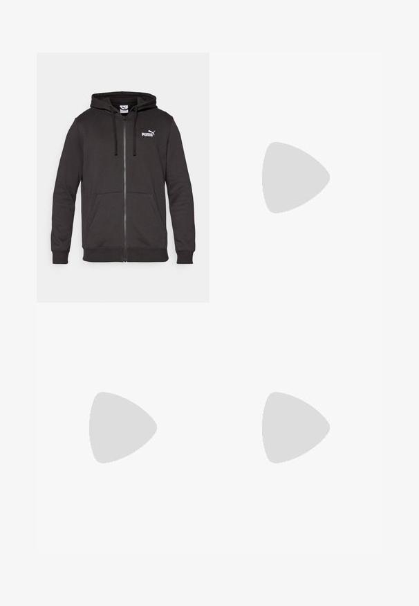 Felpa nera con zip realizzata in tessuto misto cotone. Presenta una tasca a marsupio, cordini, polsini a coste e un logo Puma bianco sul petto.; T-shirt bianca a girocollo realizzata in cotone, con maniche corte e un piccolo logo ricamato sulla parte sinistra del petto. Texture morbida.; Pantaloni della tuta neri in misto cotone, con vita elastica e un piccolo logo bianco sul lato sinistro. Design con gamba affusolata.; Sneakers atletici bianchi con pelle sintetica liscia, accento del logo nero e dettagli perforati sul lato. Suola in gomma.