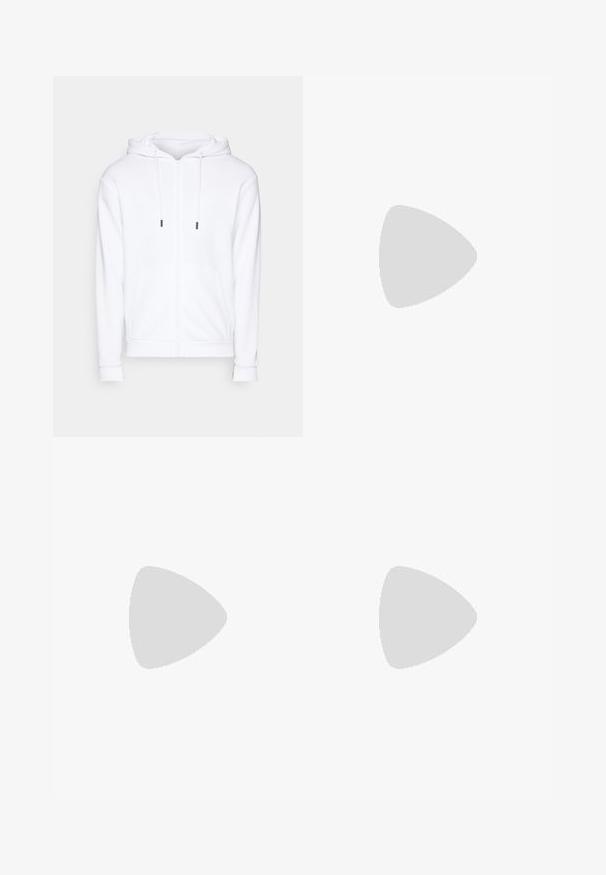 Jack & Jones JJEBRADLEY - Sweat zippé - white; T-shirt en coton noir avec une coupe décontractée, col rond et manches courtes. Présente un logo en texte blanc sur la poitrine et une étiquette orange à l'ourlet.; Jean en denim bleu avec une coupe droite, cinq poches et une fermeture éclair. Caractéristiques de surpiqûres visibles et d'une texture délavée.; Baskets en cuir blanc avec perforations, à bout rond, semelle plate et lacets épais, arborant un logo swoosh visible et "AIR" sur le talon.; Sac à dos en toile noire avec une texture lisse, arborant un design courbé, un compartiment zippé et un logo blanc sur le devant.