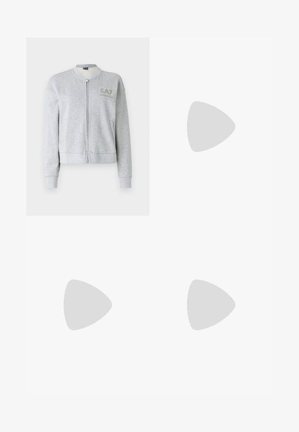 Sweatshirt cinza com fecho à frente, punhos e cós canelados. Apresenta um logótipo na área superior esquerda do peito, feito de material macio.; T-shirt de manga curta branca feita de tecido canelado. Decote redondo, ajuste regular e detalhes de costura subtis. Sem padrões ou gráficos.; Saia midi branca de malha com um padrão texturizado com linhas verticais e detalhes recortados perto da bainha. Cintura elástica. Material suave.; Bailarina preta em pele com bico arredondado, textura suave, detalhe de costura minimalista e design de sola flexível.; Bolsa de couro castanho com fecho de aba, decoração em tom dourado, alça de ombro e textura suave. Formato retangular compacto.