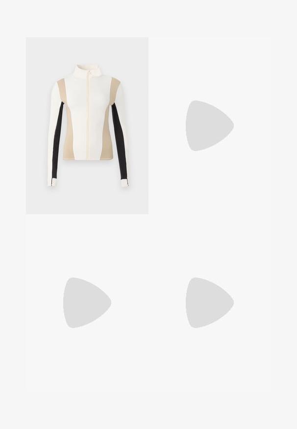 Viegls zip-up jaciņš, kas izgatavots no gludas auduma. Iezīmēts ar krāsu blokiem krēmkrāsā, bēšā un melnā ar kontrastējošām baltām vīlēm.; Balts īsais T-krekls, plašas īsas piedurknes, mīksts kokvilnas materiāls, apaļa kakla izgriezums ar delikātu oranžu apdari, minimāls dizains, bez rakstiem vai grafikām.; Baltas kokvilnas bikses ar taisnu kāju dizainu, ar vidēju augstumu un bez redzamām detaļām vai rakstiem. Visā virsmā ir gluda tekstūra.; Beige bloku papēžu sandales ar plānām siksnām un kvadrāta formas purngalu. Gluda materiāla virsma ar minimālām detaļām, paredzētas ērtai nēsāšanai.