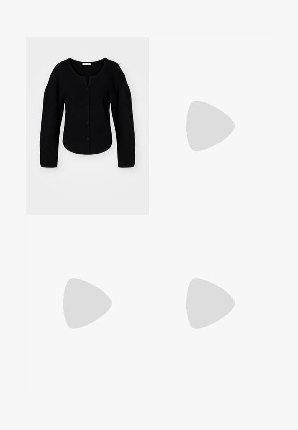 Black, rib-knit cardigan with a round neckline, button closure, and wide sleeves. Features a cropped fit and soft texture.; Black sleeveless dress with gathered detailing, a fitted bodice, an A-line skirt, and side zipper closure. Made of smooth, lightweight fabric.; White slingback sandals with a slight heel, thin straps, and a smooth leather texture; features a small decorative buckle.; Black crocodile-embossed leather handbag with a structured design, top handle, adjustable strap, and a prominent front logo detail.
