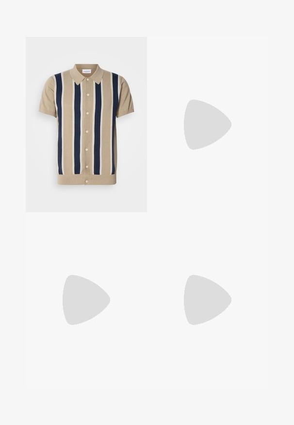 Tan short-sleeve polo with navy and white vertical stripes, front button placket, and a classic collar. Soft knit fabric.; Pack of three white tank tops made of cotton, featuring a rounded neckline and sleeveless design, smooth texture, and standard fit.; Schott Trousers - kaki; Brown suede clog with a round toe, adjustable strap, and a cork footbed. The outsole is dark with a textured design for grip.