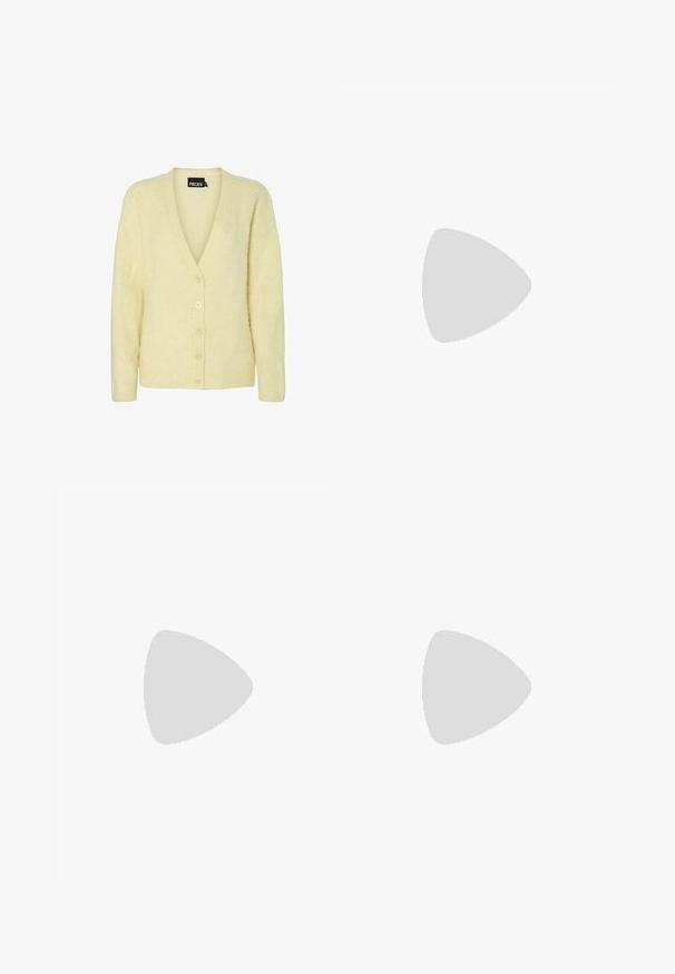 Žuti plišani kardigan s V-izrezom, dugim rukavima i pet dugmadi sprijeda. Mekana tekstura i rebraste manžete zaokružuju dizajn.; Dva majica bez rukava: jedna kremne boje s izrezom i blagom prednjom detaljnom, a druga svijetlosmeđa, obje s rebrastom teksturom i širokim naramenicama.; Traperice s visokim strukom u plavoj boji, širokih nogavica, prednjim džepovima, kopčanjem na dugme i izblijedjelim gradijentom boje od struka do donjeg ruba.; Burgundska lakirana balerinka s zaobljenim vrhom, malim mašnom sprijeda i niskom, crnom gumenom potplatu. Glatka tekstura.; Set srebrnih naušnica koje sadrže razne dizajne: kružne, naušnice s dugmetom i viseće stilove, s lopticama i oštrim elementima.