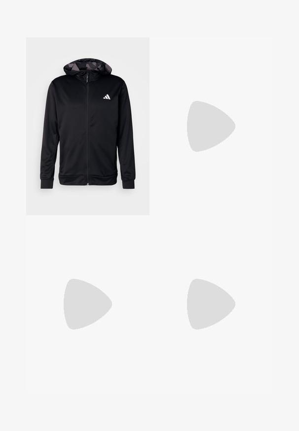 adidas Performance TRAIN ESSENTIALS CAMO FULL ZIP - Tréningová bunda - black; Biely športový tričko s krátkymi rukávmi, vyrobené z materiálu, ktorý odvádza vlhkosť. Má čierne logo na ľavej hrudi a vzorovaný vnútorný golier.; Čierne športové nohavice s elastickým pásom, bielymi bočnými pruhmi a malým bielym logom na stehne. Vyrobené z hladkého, ľahkého materiálu.; Čierne športové topánky s textúrovaným sieťovinovým zvrškom, bielymi akcentovými pruhmi, polstrovanou podrážkou a spevneným pätou pre podporu.