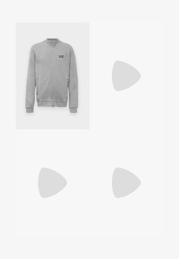 Light gray zip-up sweatshirt with EA7 Emporio Armani logo on the left chest, featuring side pockets and ribbed cuffs and hem.; White cotton t-shirt with a crew neck and short sleeves. Features a black embroidered logo on the left chest. Smooth texture.; Navy blue cotton joggers with an elastic waistband, tapered legs, and contrasting white EA7 and Emporio Armani logos printed along the side.; Black leather sneaker with a low profile, rounded toe, and lace-up closure; features a textured rubber sole and logo detail on the heel.