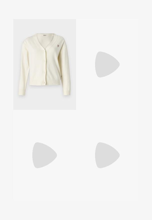 Kremfarget cardigan med v-hals, knappestolpe, lange ermer, ribbede mansjetter og nederkant. Har et lite trekantet merke på brystet.; Koftet laget av bomull har horisontale marineblå striper på hvit bakgrunn. "Tommy Hilfiger" brodert i kursiv på brystet. Rund hals.; Plissert hvit skjørt med en svart elastisk midje som har "LACOSTE"-logoen. Midjelengde design med myk tekstur.; Hvite lær sneakers med tykk hvit såle, svart semsket hælforsterkning og preget logo på siden. Snøresystem med seks hull.; Store svarte solbriller i overdimensjonert størrelse med geometrisk form, med mørke linser og en kontrasterende grå detalj på rammen. Logo på armen.