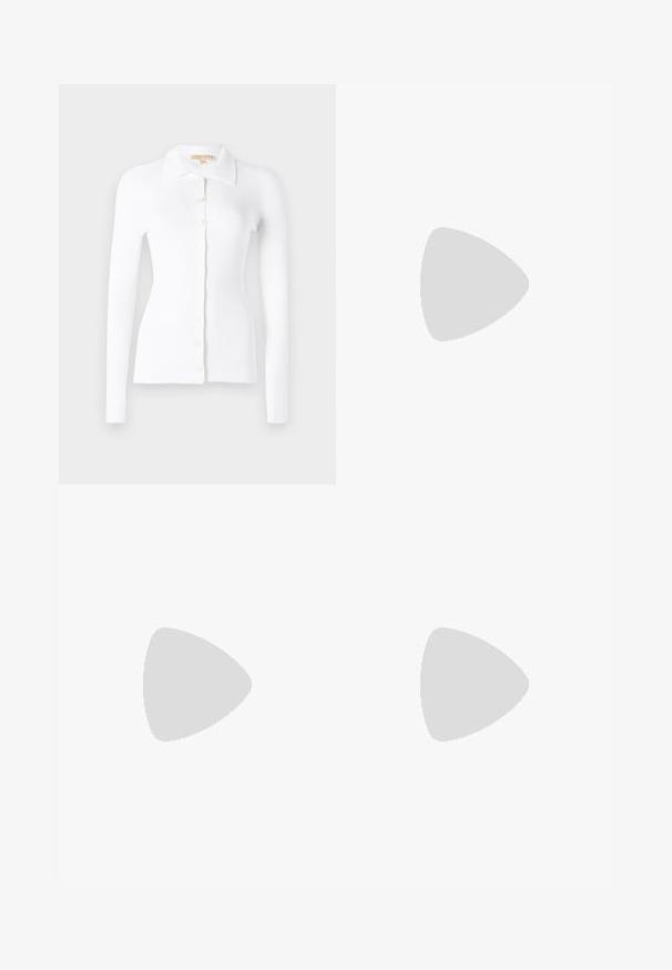 White ribbed cardigan with long sleeves, button-down front, and a classic collar. Soft texture and fitted design. Prominent button details.; White cotton t-shirt with short sleeves, round neckline, relaxed fit, and stitched hem. Label visible on the inside neck.; White wide-leg trousers made from cotton with a smooth texture. Features a front button, zipper fly, and four-pocket design.; Black patent leather slingback pump with pointed toe, slim heel, and a subtle cutout design. Features a gold buckle on the strap.