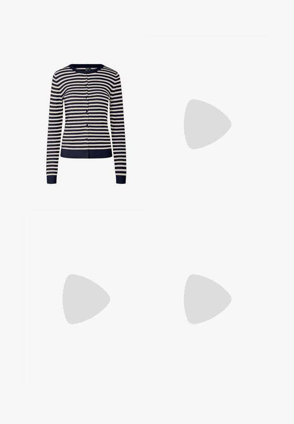 Cardigã às riscas azul-marinho e creme, feito de material de malha macio, com gola redonda, mangas compridas e fecho de botões na frente.; Camisa branca de botão feita de algodão suave, com colarinho clássico, mangas longas e bainha curva. Os botões são pequenos e brancos.; Saia A-line de algodão castanho com cintura alta, apresentando pregas na parte da frente e uma textura suave. As bordas da bainha são limpas e simples.; Bailarinas em couro sintético borgonha com bico redondo, pequeno laço na frente e sola baixa em borracha preta. Textura suave.