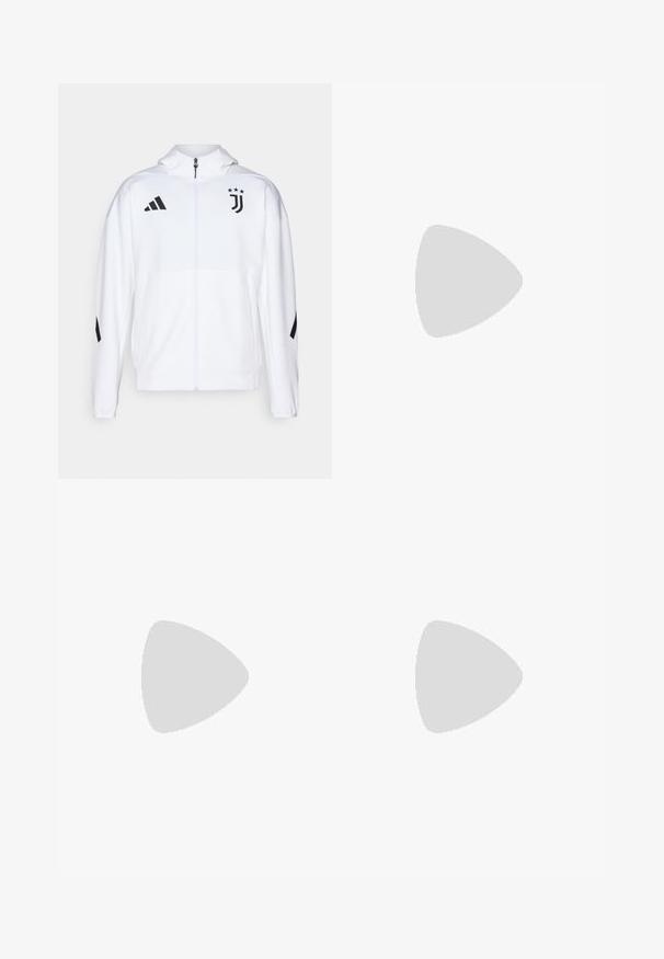 Hvid sportsjakke med lynlås foran, hætte og sorte detaljer, med Adidas-striber og Juventus-logo på brystet.; Rød bomulds T-shirt med et hvidt tre-stribe logo og "BAYERN MÜNCHEN" i blå. Rund hals og korte ærmer, enkelt design.; Røde sweatpants med elastisk talje, hvide sidelister og logo-detaljer på hoften og nederste ben. Lavet af blød stof med ribbet manchetter.; Sorte atletiksko med en tekstureret mesh-overdel, hvide accentstriber, en polstret sål og en forstærket hæl for støtte.