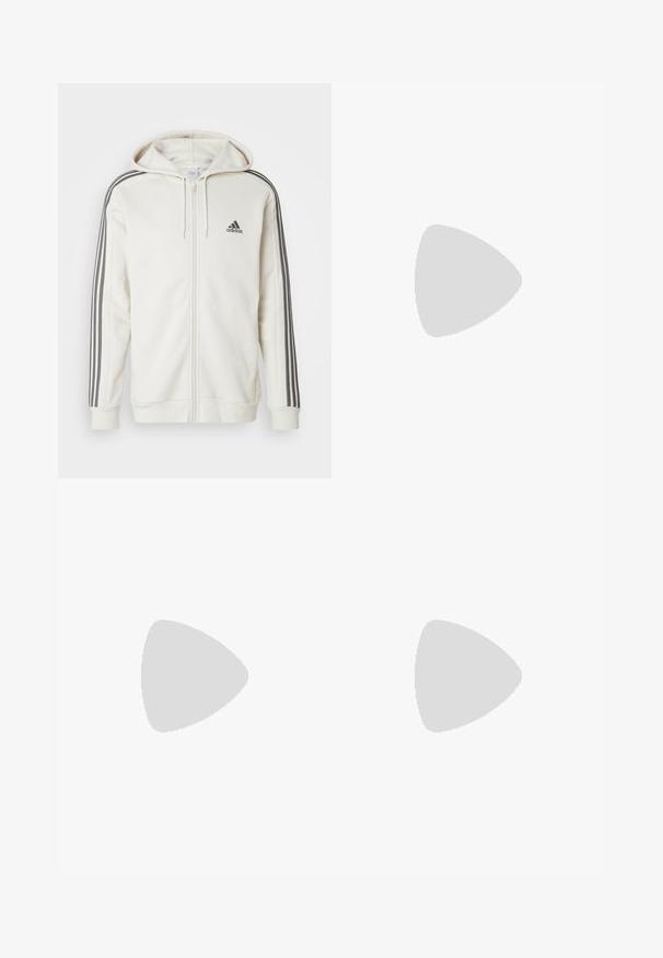 Sweatshirt branco com fecho éclair, detalhado com três riscas cinzentas nas mangas, tecido texturizado, capuz ajustável e pequeno logótipo preto da Adidas no peito.; Camiseta atlética branca de mangas curtas, feita de tecido que absorve a humidade. Apresenta um logótipo preto no lado esquerdo do peito e um decote interior com padrão.; Calças de treino pretas com um cós elástico, riscas laterais brancas e um pequeno logotipo branco na coxa. Feitas de um material leve e suave.; Tenis negros desportivos com um superior em malha texturizada, riscas brancas de destaque, sola acolchoada e um calcanhar reforçado para suporte.