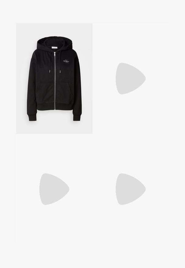 Black zip-up hoodie in soft cotton blend, featuring a hood, front pockets, and silver hardware. Calvin Klein logo stitched on the chest.; Black tank top featuring a ribbed texture and a crew neckline. Notable white Calvin Klein logo on the chest. Simple, fitted design.; Black cotton shorts with an elastic waistband and Calvin Klein logo in silver at the lower right corner. Smooth texture.; White sneaker with a textured sole, featuring a black accent on the heel and a logo in black on the side. Smooth material, lace-up design.