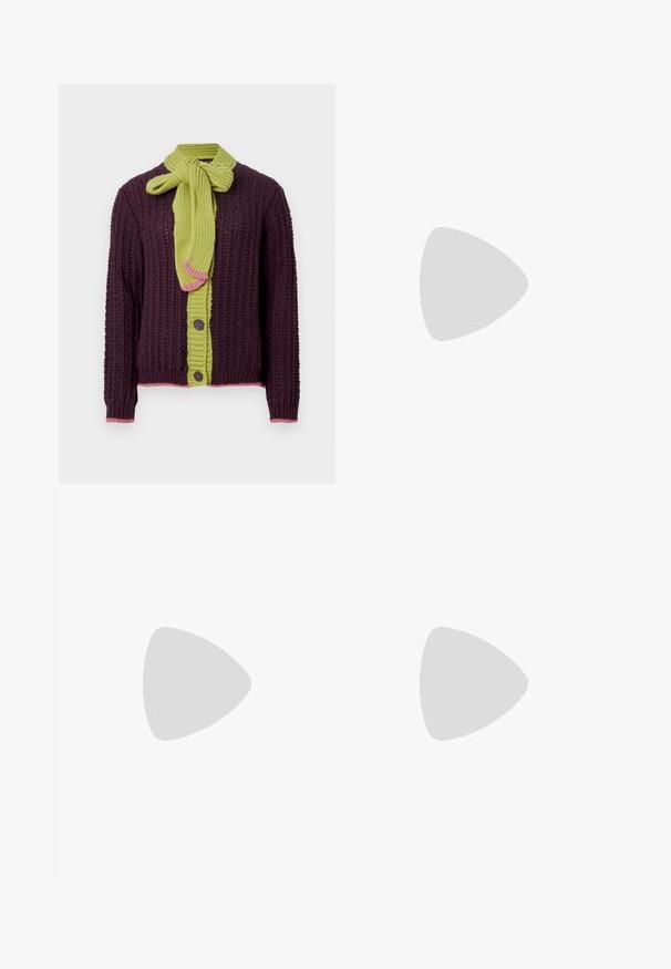 Knit cardigan in dark purple with a textured pattern. Features a bright green tie scarf, pink accents, and brown buttons along the front.; Black short-sleeve t-shirt with a round neckline, crafted from soft cotton fabric. Simple design, no visible logos or patterns.; Wide-leg denim trousers featuring a light to dark blue gradient, high waist, belt loops, and a matching fabric belt. Textured denim finish.; Navy blue sneaker with a textured fabric upper, white platform sole, rounded toe, and black heel accent. Features six eyelets for laces.