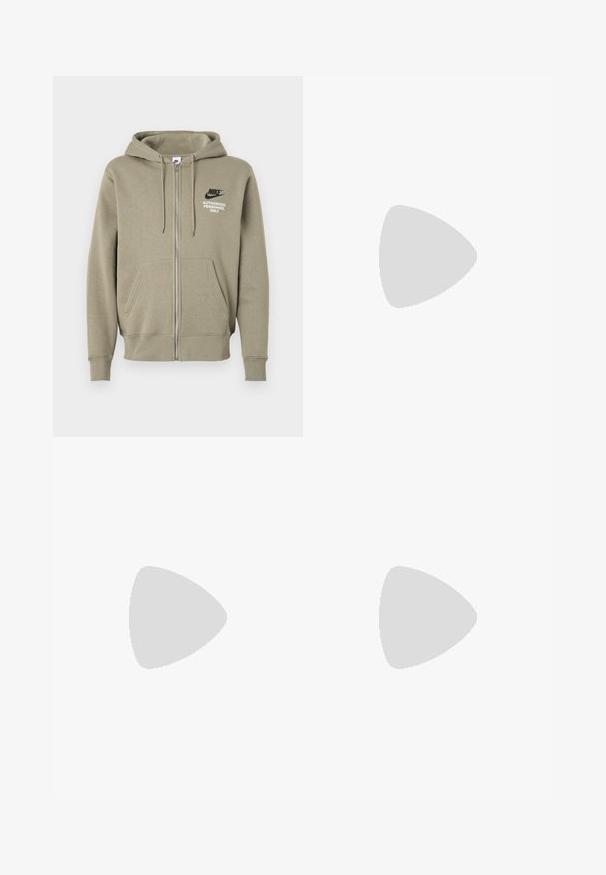 Olive green zip-up hoodie made of soft cotton blend, featuring a hood, front pockets, and printed Nike logo with "AUTHORIZED PERSONNEL ONLY."; White cotton t-shirt featuring a crew neck, short sleeves, and a black Nike logo on the left chest. Simple, solid color design.; White sweatpants with an elastic waistband and drawstring. Features a black Nike logo on the left thigh. Cuff at the ankles. Soft fabric texture.; White Nike Air Max 90 sneakers feature a smooth leather and mesh upper, perforated detailing, cushioned sole, and visible air unit for comfort.