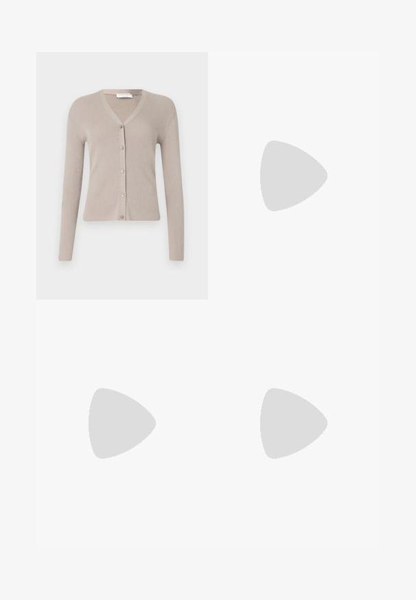 Tiger of Sweden GIANE - Kardigan - granite; Valge puuvillane T-särk lühikeste varrukatega, ümar kaelus, sobiv disain ja sile tekstuur. Logo silt kaeluses.; Valged laiade jalgadega püksid, mis on valmistatud siledast puuvillast. Omab esitallist ning lukuga sulgemist ja nelja tasku disaini.; Beež patentnahast kontsaga sandaalid, millel on risti rihmad, avatud varvas, reguleeritav pahkluu riba ja plokk-konts. Sile tekstuur.