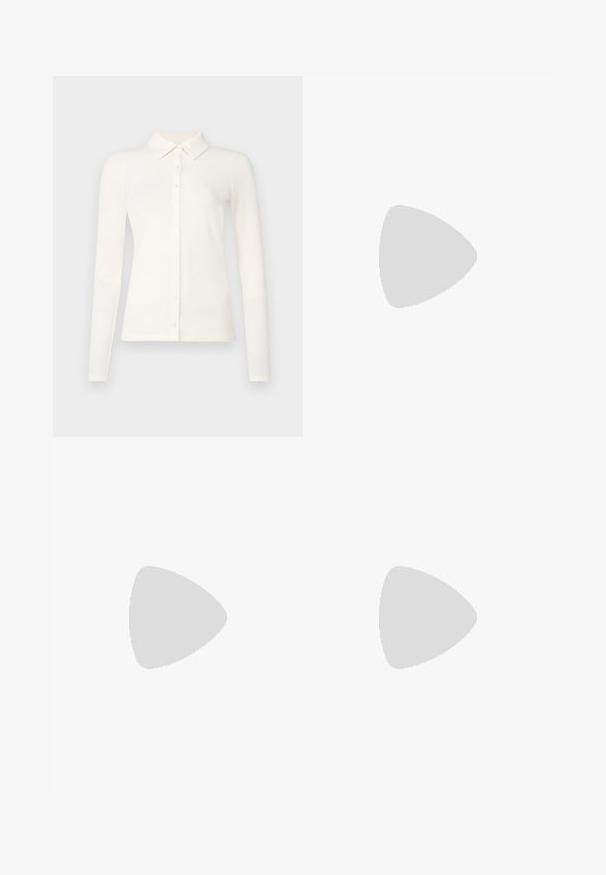White, long-sleeve ribbed shirt with a collar and button front. The fabric appears soft with a subtle texture and fitted design.; Gina Tricot SOFT TOUCH CROPPED TOP - Long sleeved top - pristine; Even&Odd Petite Trousers - beige; White sneakers with a chunky design, featuring leather and synthetic materials, textured detailing, laces, and a prominent logo in gold.